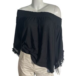Black Off-Shoulder 3/4 Sleeve Batwing Flowly Blouse
